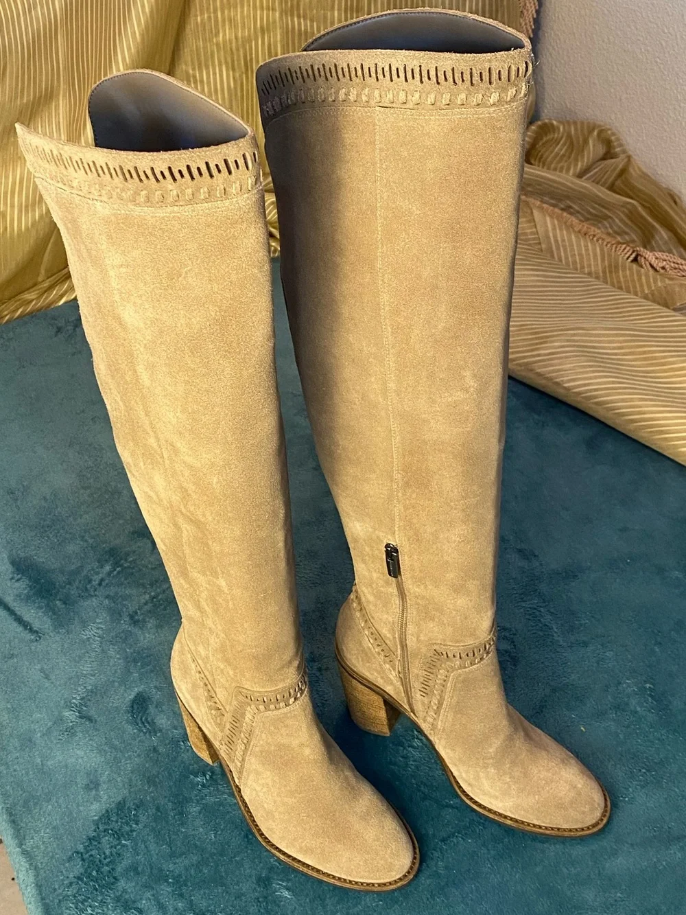 VINCE CAMUTO Tan Suede Leather Over-the-Knee 4” Heel Boots, 9, zipper, elastic